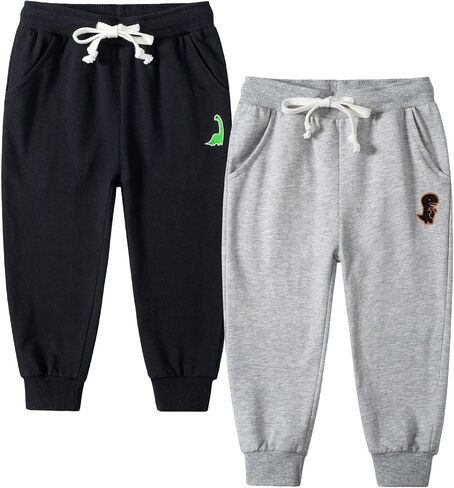 Boy's 2-Pack Pants, Toddler Cotton Pull on Jogger, Kids Dinosaur Drawstring Elastic Sweatpants in Saudi Arabia