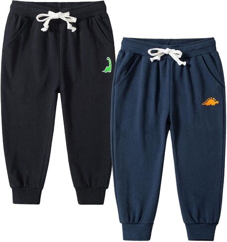 Boy's 2-Pack Pants, Toddler Cotton Pull on Jogger, Kids Dinosaur Drawstring Elastic Sweatpants in Saudi Arabia