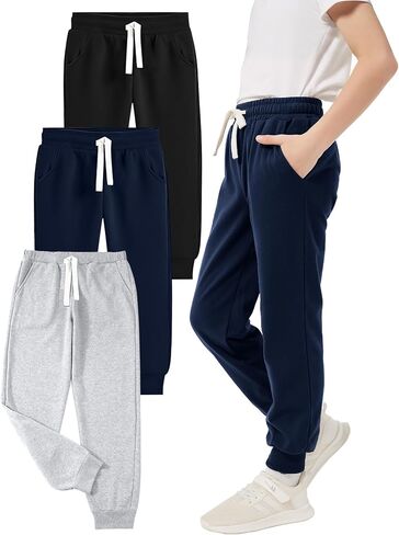 PEHMEA Boys Girls Sweatpants 3 Pack Active Jogger Pants with Pockets Drawstring for Kids 5-14 Years in Kuwait