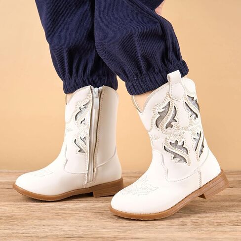 Newsonet Toddler Girls Cowboy Cowgirl Boots Round Toe Western Boots Mid Calf Side Zipper Riding Shoes for All Seasons Spring Summer Winter Fall in Saudi Arabia
