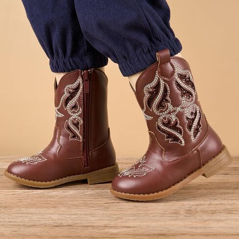 Newsonet Toddler Girls Cowboy Cowgirl Boots Round Toe Western Boots Mid Calf Side Zipper Riding Shoes for All Seasons Spring Summer Winter Fall in Saudi Arabia