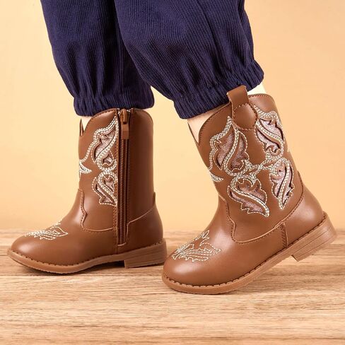 Newsonet Toddler Girls Cowboy Cowgirl Boots Round Toe Western Boots Mid Calf Side Zipper Riding Shoes for All Seasons Spring Summer Winter Fall in Saudi Arabia