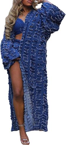 Vakkest Women's Ripped Denim Cardigan Long Jacket Distressed Jean Open Front Kimono Robe Duster Outerwear Trench Coat in Kuwait