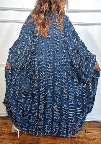 Vakkest Women's Ripped Denim Cardigan Long Jacket Distressed Jean Open Front Kimono Robe Duster Outerwear Trench Coat in Kuwait