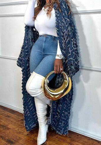 Vakkest Women's Ripped Denim Cardigan Long Jacket Distressed Jean Open Front Kimono Robe Duster Outerwear Trench Coat in Kuwait