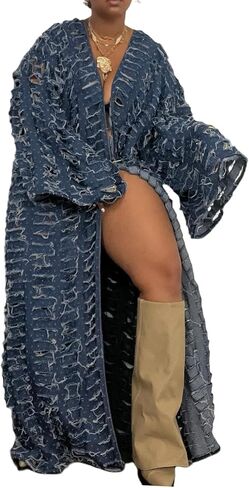 Vakkest Women's Ripped Denim Cardigan Long Jacket Distressed Jean Open Front Kimono Robe Duster Outerwear Trench Coat in Kuwait