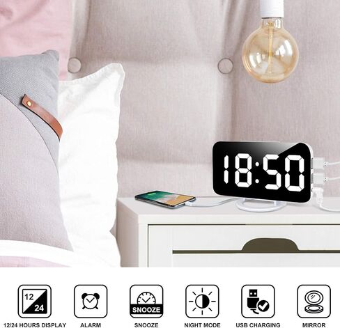 Pink Digital Alarm Clock for Girls, Large LED Mirror Display,2 USB Charging Ports,Auto Adjustable Brightness,Aesthetic Modern Clocks for Bedroom Office, Pink in Saudi Arabia