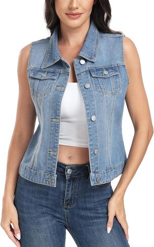MISS MOLY Women's Denim Vest Cropped Classic Sleeveless Jean Vest Jackets With Flap Pockets in Saudi Arabia