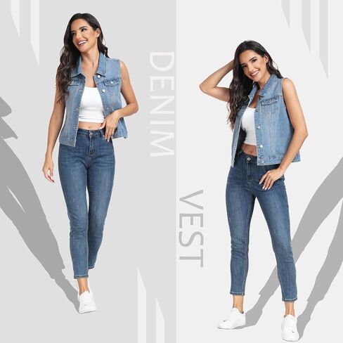 MISS MOLY Women's Denim Vest Cropped Classic Sleeveless Jean Vest Jackets With Flap Pockets in Saudi Arabia