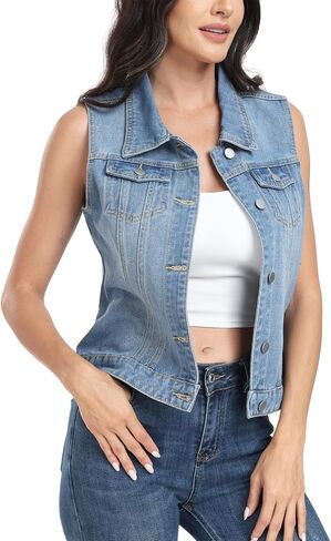 MISS MOLY Women's Denim Vest Cropped Classic Sleeveless Jean Vest Jackets With Flap Pockets in Saudi Arabia