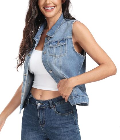 MISS MOLY Women's Denim Vest Cropped Classic Sleeveless Jean Vest Jackets With Flap Pockets in Saudi Arabia