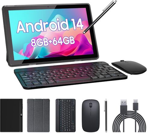 Tablet 2 in 1 Tablets 10 inch Android 15 Tablet Set with Keyboard Case Mouse Stylus Pen, 8GB+32GB Tablets 10.1" HD Touch Screen Tab, 2MP+8MP Dual Camera 6000mAh battery WiFi6 Bluetooth Tableta PC Pink in Kuwait