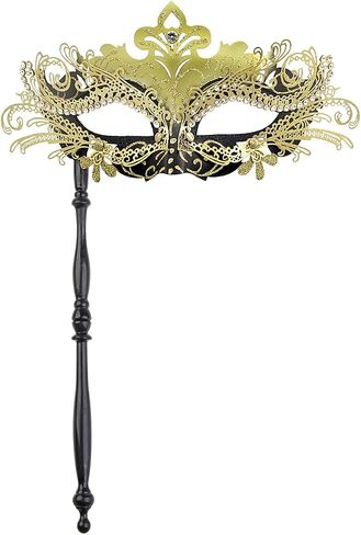 Venetian Masquerade Mask with Handle,Filigree Design with Rhinestones,Handheld Stick Mask for Mardi Gras in Saudi Arabia