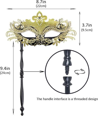 Venetian Masquerade Mask with Handle,Filigree Design with Rhinestones,Handheld Stick Mask for Mardi Gras in Saudi Arabia