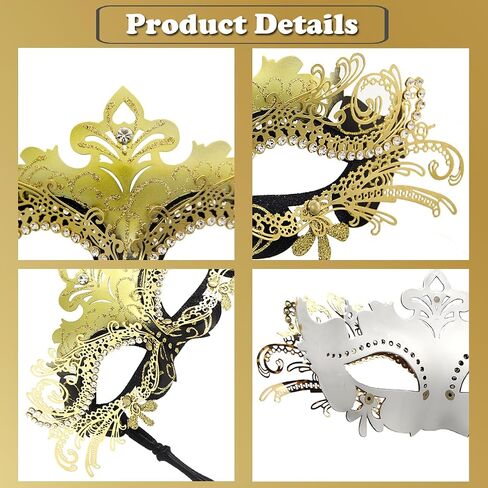 Venetian Masquerade Mask with Handle,Filigree Design with Rhinestones,Handheld Stick Mask for Mardi Gras in Saudi Arabia