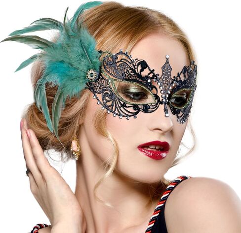 Feather Masquerade Mask for Women - 2025 Venetian Antique Masks Mardi Gras Eyemask with Shiny Rhinestone for Woman in Kuwait