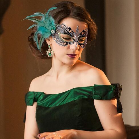 Feather Masquerade Mask for Women - 2025 Venetian Antique Masks Mardi Gras Eyemask with Shiny Rhinestone for Woman in Kuwait