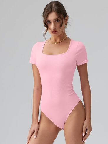 نساء OQQ bodysuits ruched قصيرة الأكمام مربعة الرقبة تمتد صالة سفر السفر in Kuwait