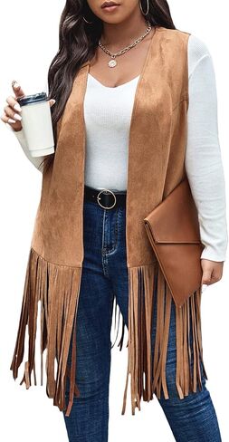 Wdirara Women's Plus Fringe Hem Faux Suede Open Front Cardigan Coat Coat in Kuwait