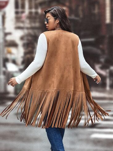 Wdirara Women's Plus Fringe Hem Faux Suede Open Front Cardigan Coat Coat in Kuwait