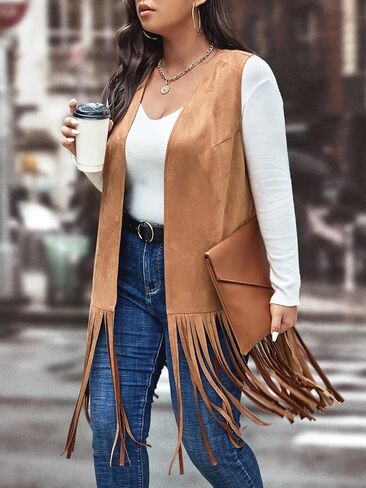Wdirara Women's Plus Fringe Hem Faux Suede Open Front Cardigan Coat Coat in Kuwait