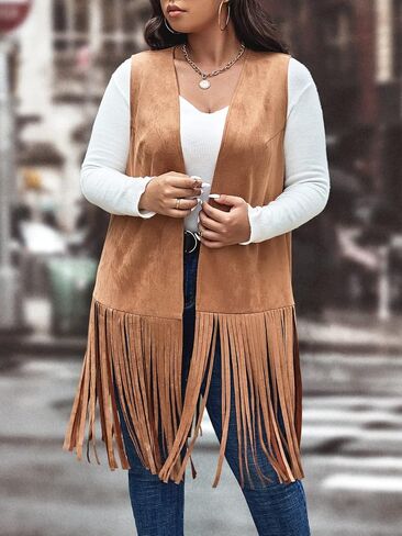 Wdirara Women's Plus Fringe Hem Faux Suede Open Front Cardigan Coat Coat in Kuwait
