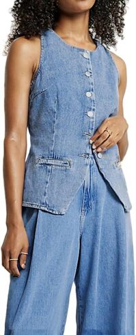 Women's Denim Long Vest Tops Crew Neck Button Down Back Belt Denim Waistcoat Sleeveless Jean Jacket Streetwear in Kuwait