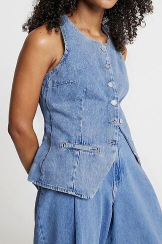 Women's Denim Long Vest Tops Crew Neck Button Down Back Belt Denim Waistcoat Sleeveless Jean Jacket Streetwear in Kuwait