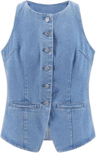 Women's Denim Long Vest Tops Crew Neck Button Down Back Belt Denim Waistcoat Sleeveless Jean Jacket Streetwear in Kuwait