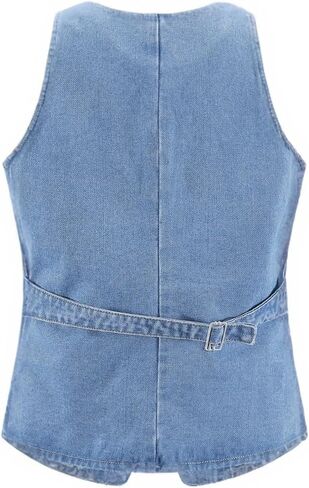 Women's Denim Long Vest Tops Crew Neck Button Down Back Belt Denim Waistcoat Sleeveless Jean Jacket Streetwear in Kuwait