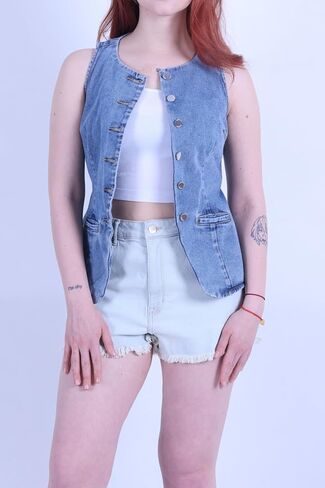 Women's Denim Long Vest Tops Crew Neck Button Down Back Belt Denim Waistcoat Sleeveless Jean Jacket Streetwear in Kuwait
