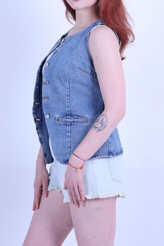 Women's Denim Long Vest Tops Crew Neck Button Down Back Belt Denim Waistcoat Sleeveless Jean Jacket Streetwear in Kuwait