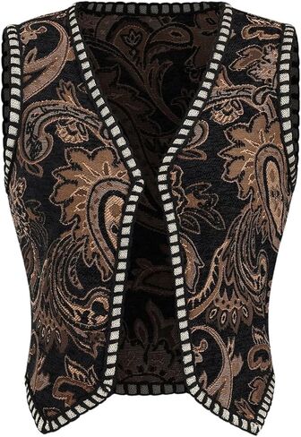 Verdusa Women's Western Boho Open Front V Neck Sleeveless Jacquard Tops Cow Girl Boho Vest Jacket in Kuwait