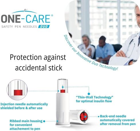 أطراف قلم أمان ONE-CARE Duo 30 جم × 3/16 بوصة (5 مم)، حماية مزدوجة الدرع، ملاءمة عالمية، معقمة، 100/bx in Kuwait