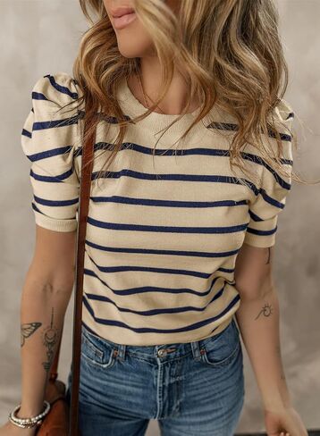 Dokotoo Women's Short Puff Sleeve Knit Tops 2024 Trendy Crewneck Striped T Shirts Casual Summer Blouses in Saudi Arabia
