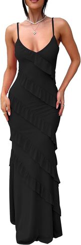 HOCILLE Women's Sexy V Neck Bodycon Spaghetti Strap Elegant Ruffle Maxi Cocktail Party Dresses in Kuwait
