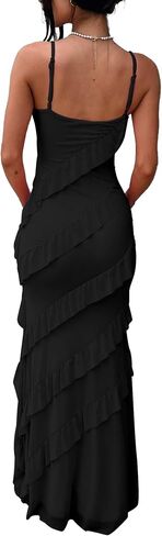 HOCILLE Women's Sexy V Neck Bodycon Spaghetti Strap Elegant Ruffle Maxi Cocktail Party Dresses in Kuwait
