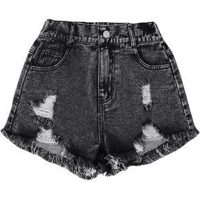 GORGLITTER Girl's Ripped Jean Shorts Distressed Frayed Raw Denim Shorts with Pocket