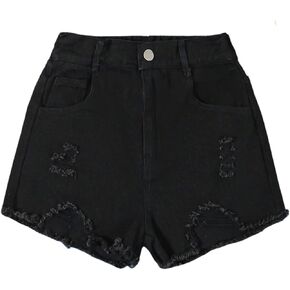 Girl's Ripped Raw Hem Straight Leg Jean Shorts Elastic Waist Zipper Fly Denim Shorts