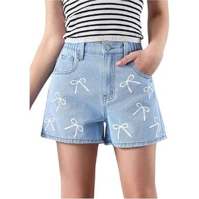 Floerns Girl's Cute Bowknot Print Denim Shorts Elastic Waist Y2k Short Jeans