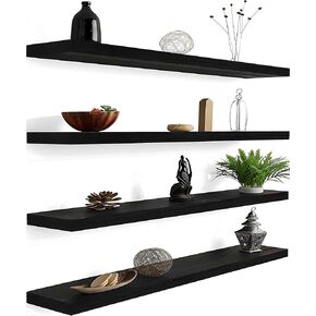 Black Wood Floating Shelves for Wall Rustic Wall Shelf for Bedroom Living Room Set of 4