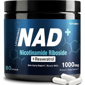 NAD+ Supplement 1000mg - Nicotinamide Riboside (NR) and Resveratrol, Liposomal NAD of Pure Organic Ingredients for Women & Men Healthy Aging, Brain and Cellular Energy, 80 Capsules