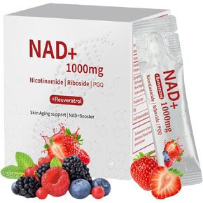 NAD 1000mg Liquid - Nicotinamide الريبوسيد ريسفيراترول مكملات مع PQQ و NAD+ Berry Flavor Mix لدعم شيخوخة الجلد والطاقة والتركيز - 30 حزمة