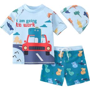AIWUHE Toddler Boys Swimsuit Set Rash Guard Boys' Swimwear Two Piece Bathing Suit and Swim Trunk with Hat UPF 50+ 3-8Y
