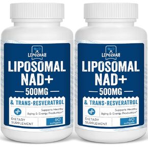 Liposomal NAD+ 500 mg + Trans-Resveratrol 300 mg, Superior Absorption True NAD Supplement Efficient for Cellular Energy Metabolism & DNA Repair, 60 Softgels