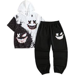 WDIRARA Boy's 2 Piece Outfits Graphic Short Sleeve Hooded T Shirt Elastic Waist Jogger Pants Set