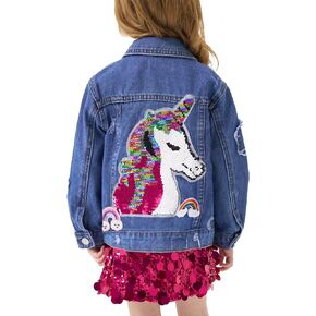 Miipat Toddler Girls Denim Jacket Sequin Patchwork Jean Jacket Little Kids Button Down Long Sleeve Jean Coat in Kuwait