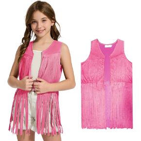 Girls Kids Fringe Vest 60s 70s Hippie Vest Sleeveless Cowgirl Western Faux Suede Tassel Leather Jacket for Halloween