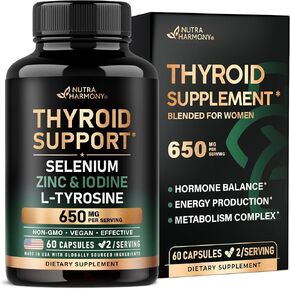 Thyroid Support for Women - Astragalus | Selenium 200 mcg | Zinc & Iodine | L-Tyrosine | Adaptogen Herbs - 21-in-1 Antioxidant & Immune Support - Vegan, Non-GMO, Lab Tested - 60 Capsules, Made in USA