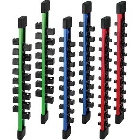 6-piece Socket Organizer Storage Set, 1/4-Inch, 3/8-Inch, 1/2-Inch Double Sided Aluminum Alloy Socket Holder Rail, Drive Socket Trays Holds 108 Sockets, 360° Swivel Clip Socket Holder Kit for Tool Box